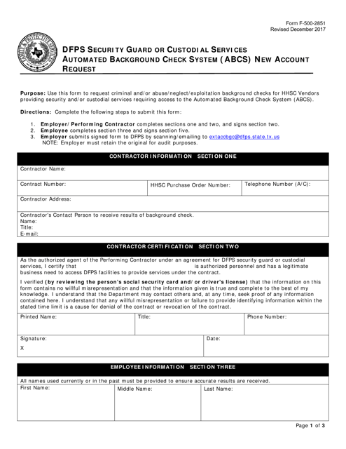Form F-500-2851 Dfps Security Guard or Custodial Services Automated Background Check System (Abcs) New Account Request - Texas