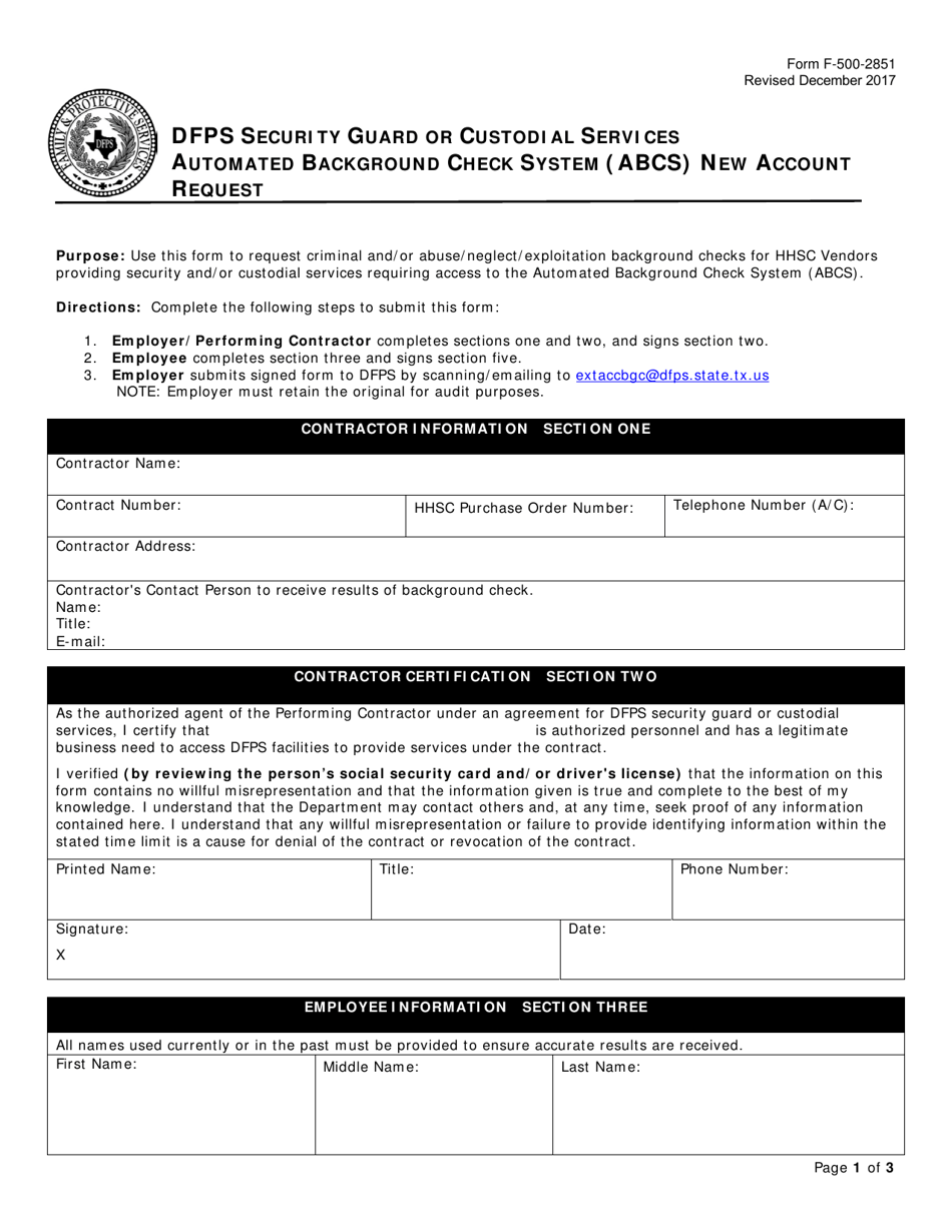 Form F-500-2851 Dfps Security Guard or Custodial Services Automated Background Check System (Abcs) New Account Request - Texas, Page 1