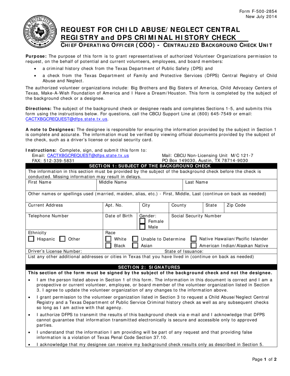 Form F-500-2854 Request for Child Abuse / Neglect Central Registry and Dps Criminal History Check - Texas, Page 1