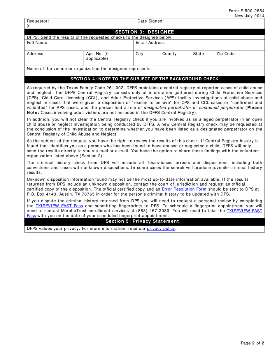 Form F-500-2854 Request for Child Abuse / Neglect Central Registry and Dps Criminal History Check - Texas, Page 2