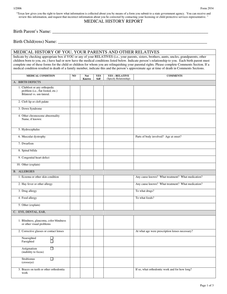 Form 2934 Medical History Report - Texas, Page 1