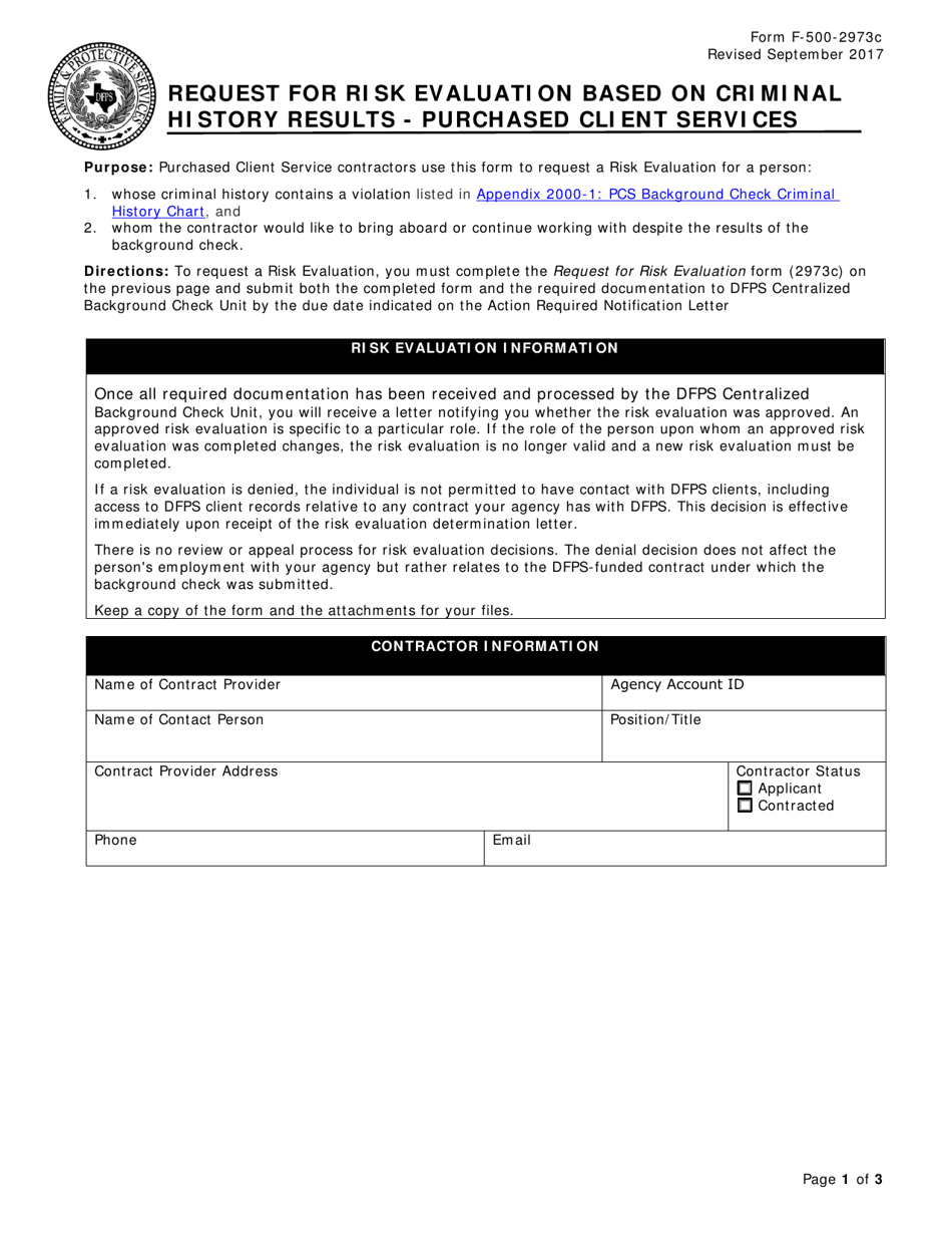 Form F 500 2973c Download Fillable Pdf Or Fill Online Request For Risk Evaluation Based On Criminal History Results Purchased Client Services Texas Templateroller