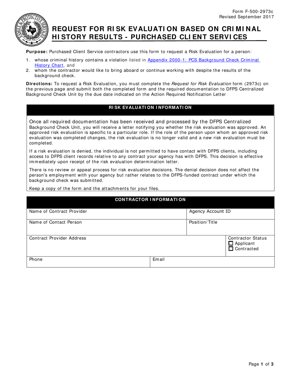 Form F-500-2973C Request for Risk Evaluation Based on Criminal History Results - Purchased Client Services - Texas, Page 1