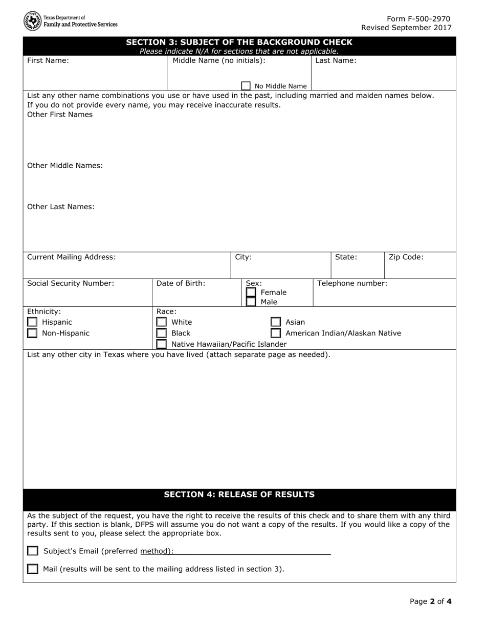 Form F-500-2970 Request for Texas Child Abuse / Neglect Central Registry - Texas, Page 2
