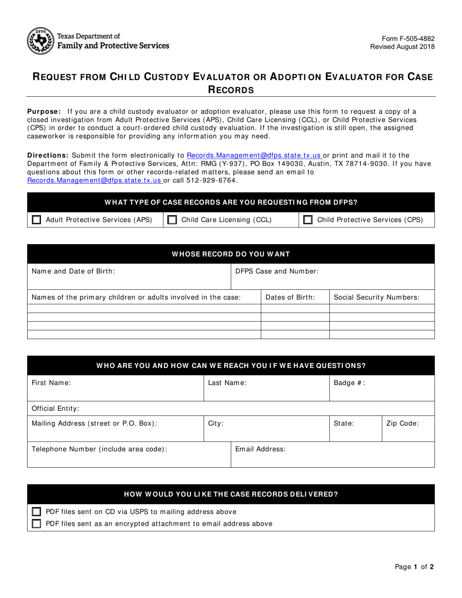 Form F-505-4882 Request From Child Custody Evaluator or Adoption Evaluator for Case Records - Texas, Page 1