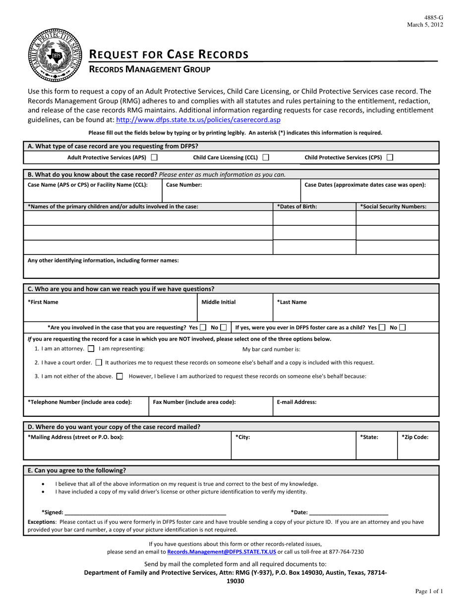 Form 4885-G Request for Case Records - Texas, Page 1