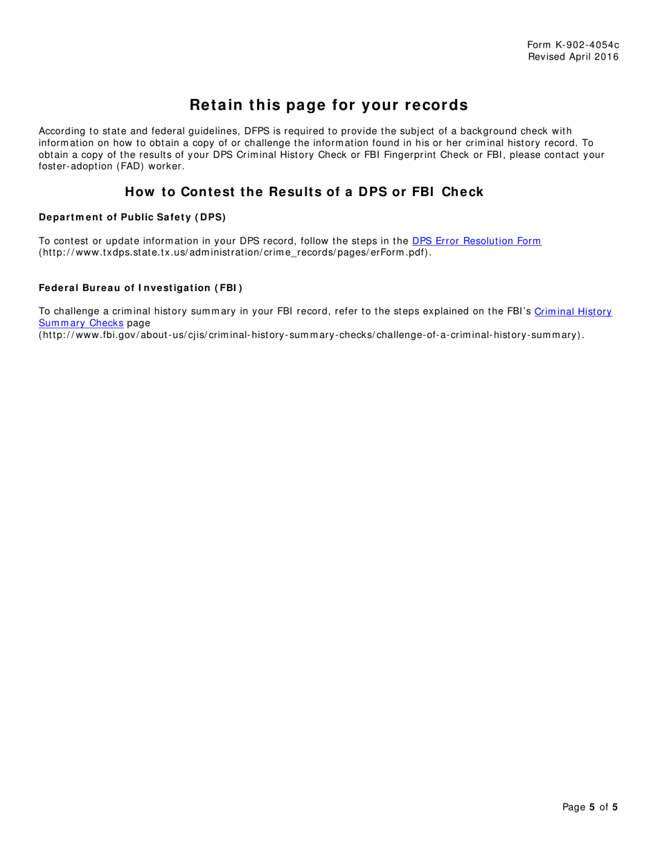 Form K-902-4054C Background Check Statement - Texas, Page 5
