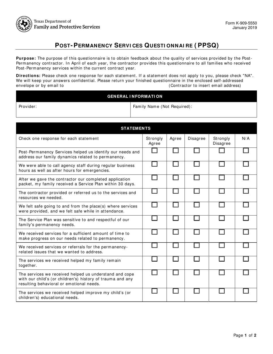 Form K-909-5550 Post-permanency Services Questionnaire (Ppsq) - Texas, Page 1