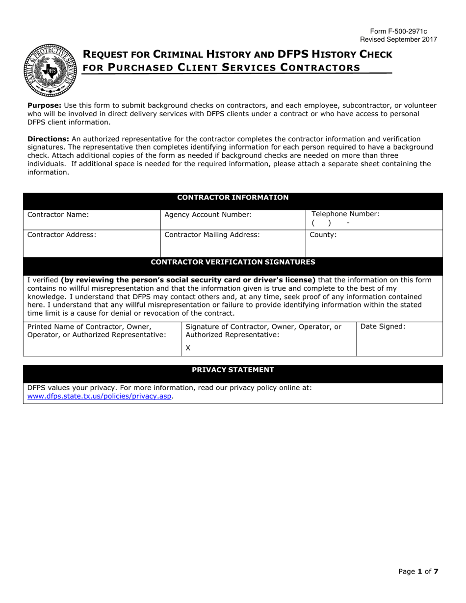 Form F-500-2971C Request for Criminal History and Dfps History Check for Purchased Client Services Contractors - Texas, Page 1