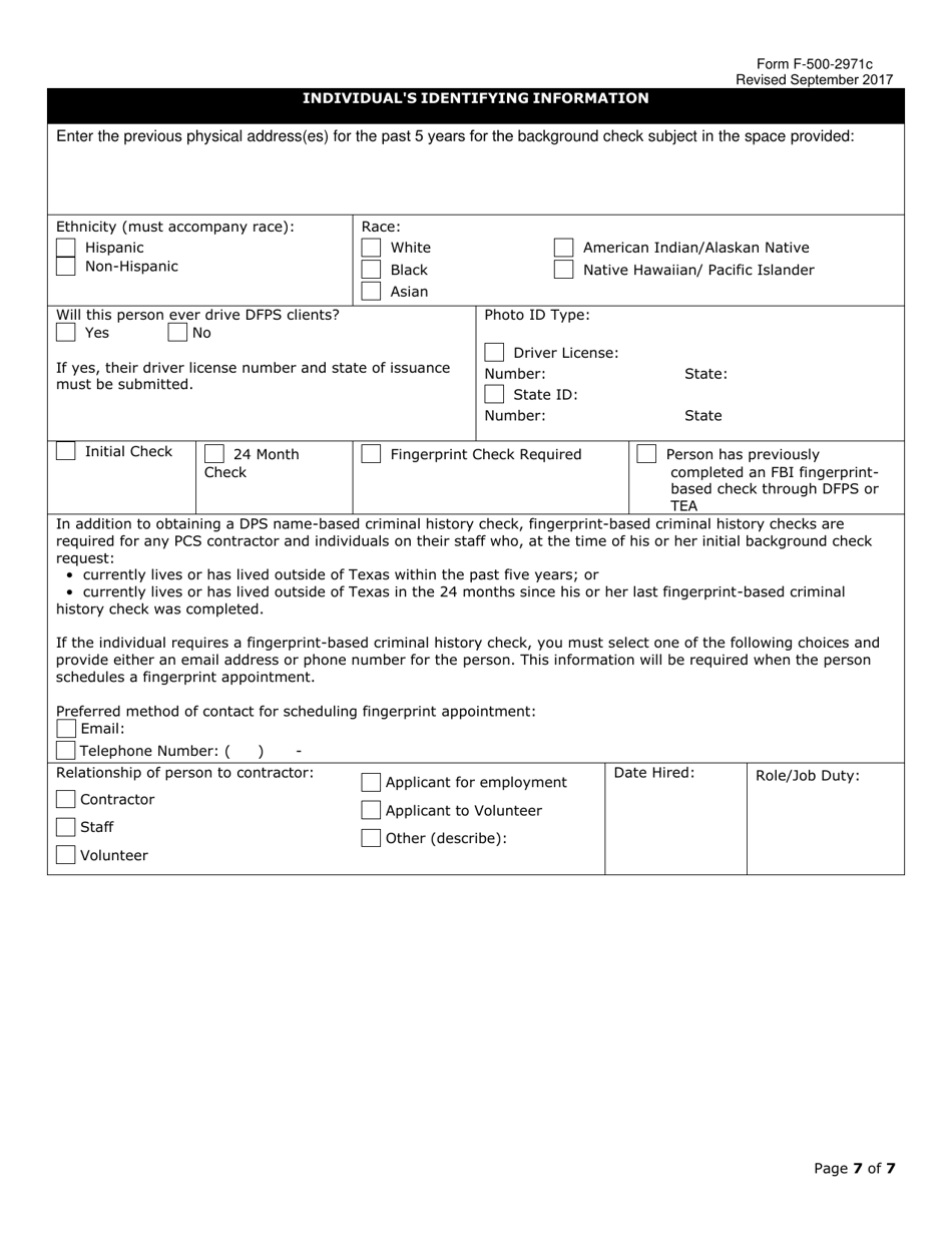 Form F-500-2971C Request for Criminal History and Dfps History Check for Purchased Client Services Contractors - Texas, Page 7