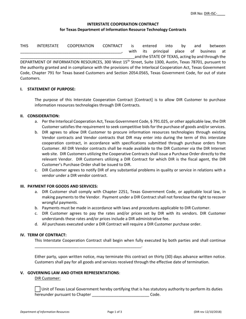 Interstate Cooperation Contract for Texas Department of Information Resource Technology Contracts - Texas