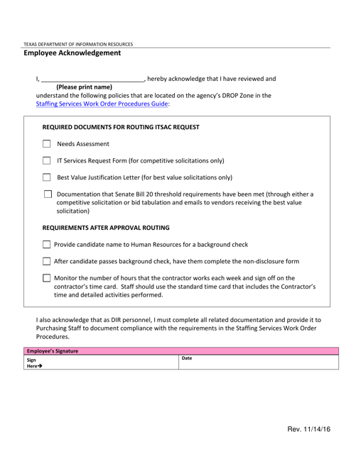 Itsac Employee Acknowledgement Form - Texas Download Pdf