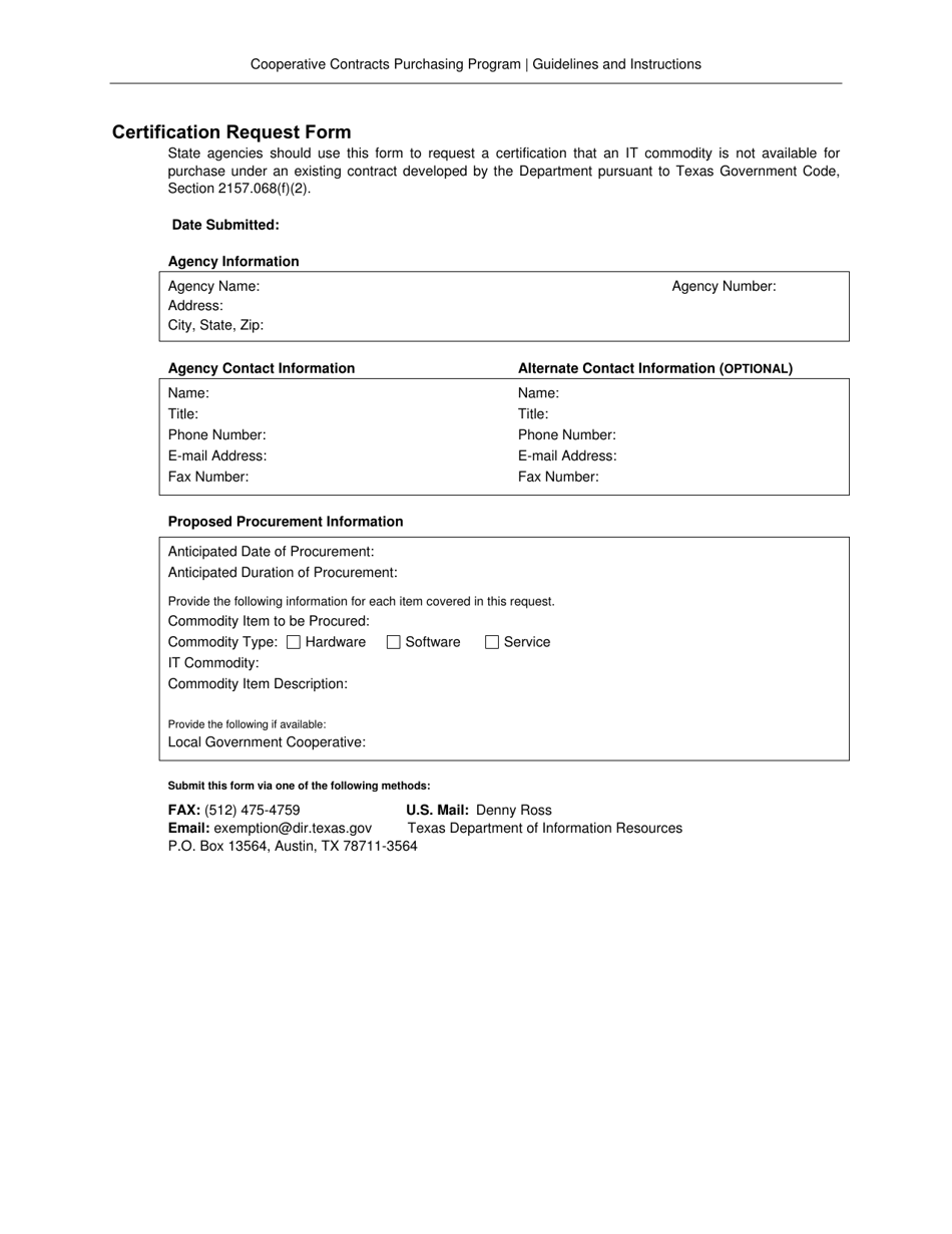 Certification Request Form - Texas, Page 1
