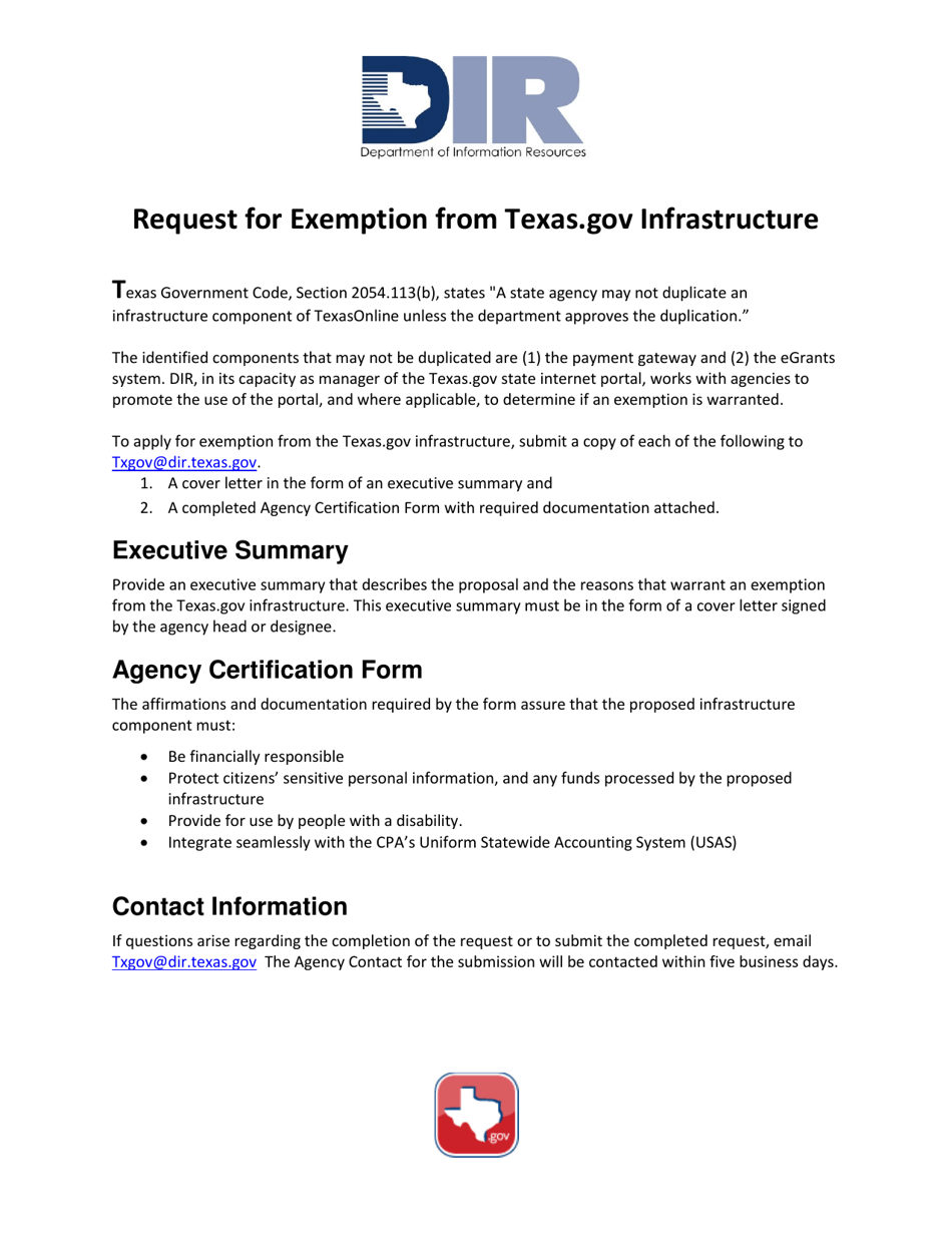 Request for Exemption From Texas.gov Infrastructure - Texas, Page 1