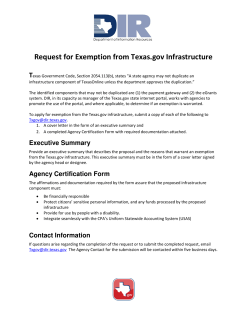 Request for Exemption From Texas.gov Infrastructure - Texas Download Pdf