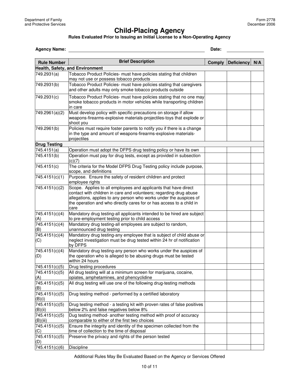 Form 2778 Child-Placing Agency Rules Evaluated Prior to Issuing an Initial License to a Non-operating Agency - Texas, Page 10
