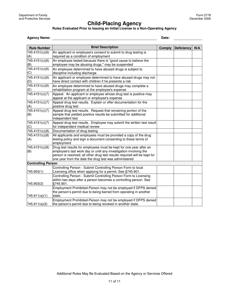 Form 2778 Child-Placing Agency Rules Evaluated Prior to Issuing an Initial License to a Non-operating Agency - Texas, Page 11