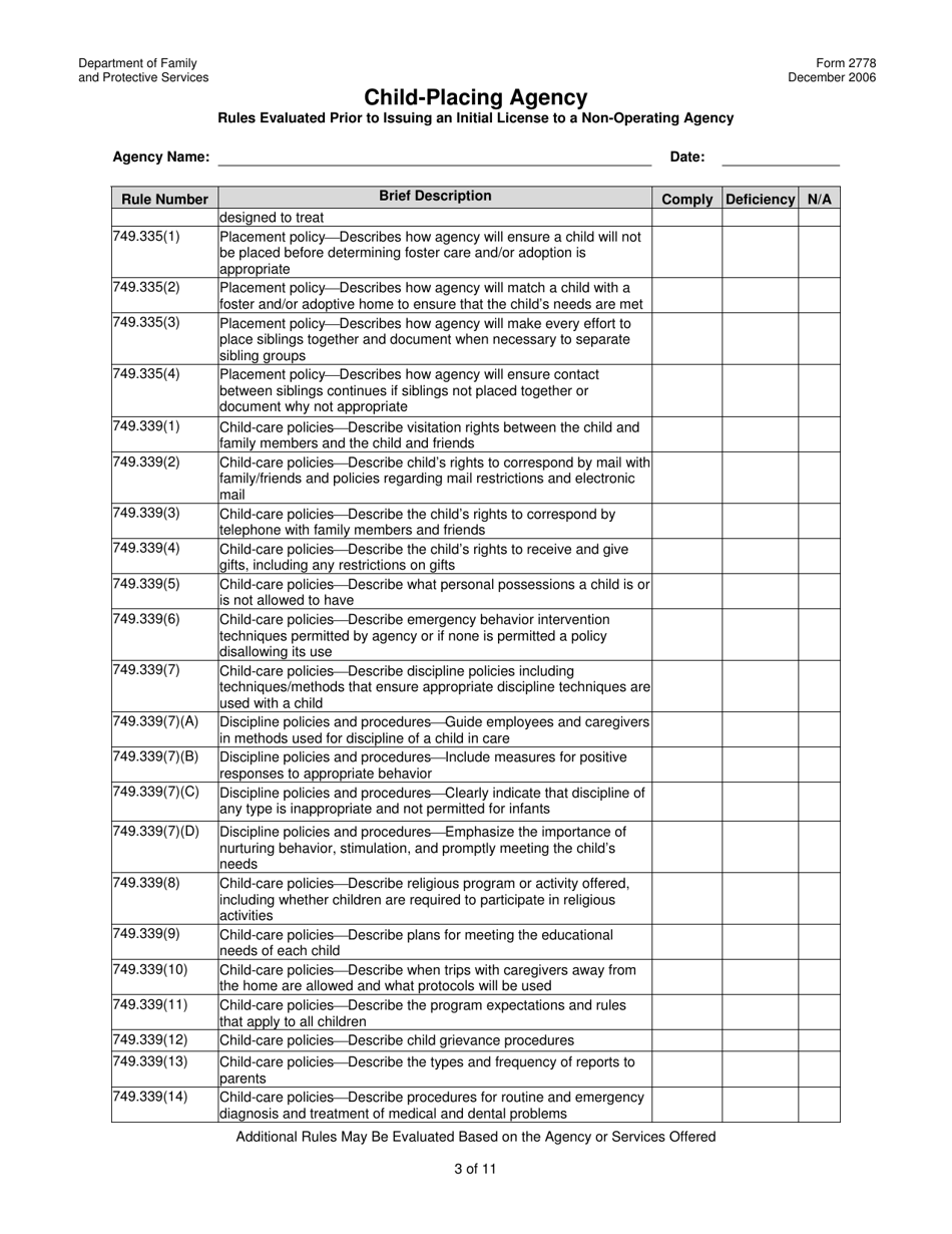 Form 2778 Child-Placing Agency Rules Evaluated Prior to Issuing an Initial License to a Non-operating Agency - Texas, Page 3