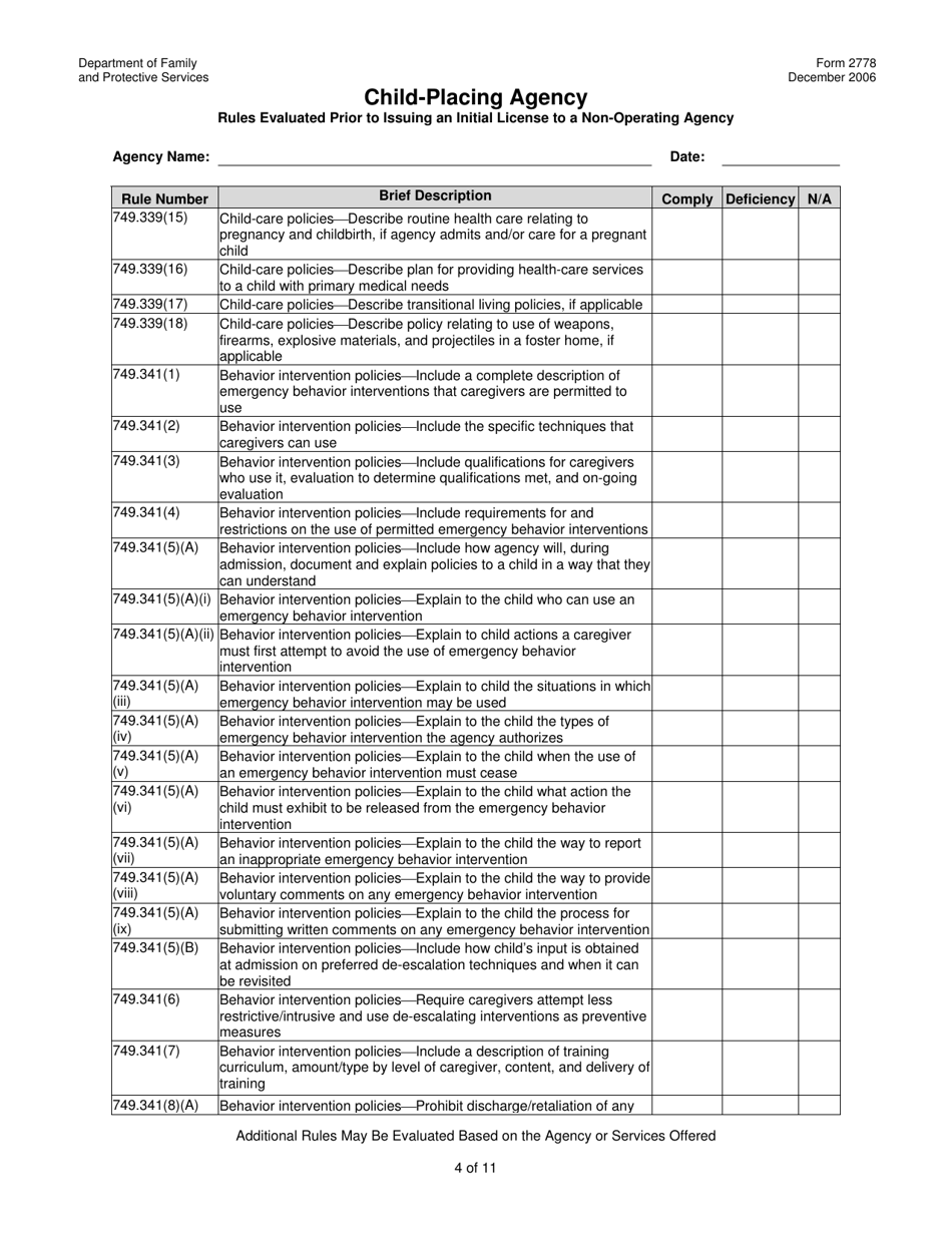 Form 2778 Child-Placing Agency Rules Evaluated Prior to Issuing an Initial License to a Non-operating Agency - Texas, Page 4