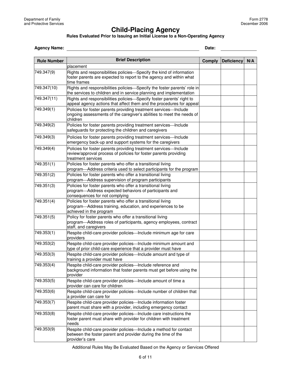 Form 2778 Child-Placing Agency Rules Evaluated Prior to Issuing an Initial License to a Non-operating Agency - Texas, Page 6