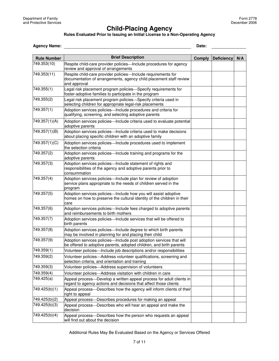 Form 2778 Child-Placing Agency Rules Evaluated Prior to Issuing an Initial License to a Non-operating Agency - Texas, Page 7