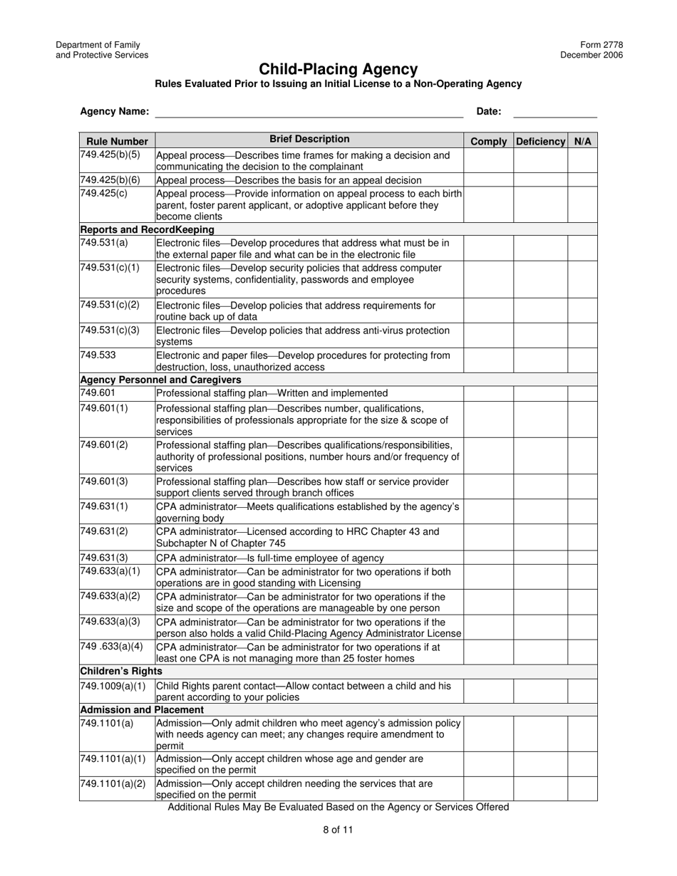 Form 2778 Child-Placing Agency Rules Evaluated Prior to Issuing an Initial License to a Non-operating Agency - Texas, Page 8