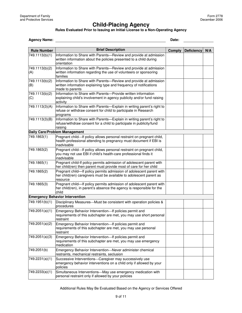 Form 2778 Child-Placing Agency Rules Evaluated Prior to Issuing an Initial License to a Non-operating Agency - Texas, Page 9