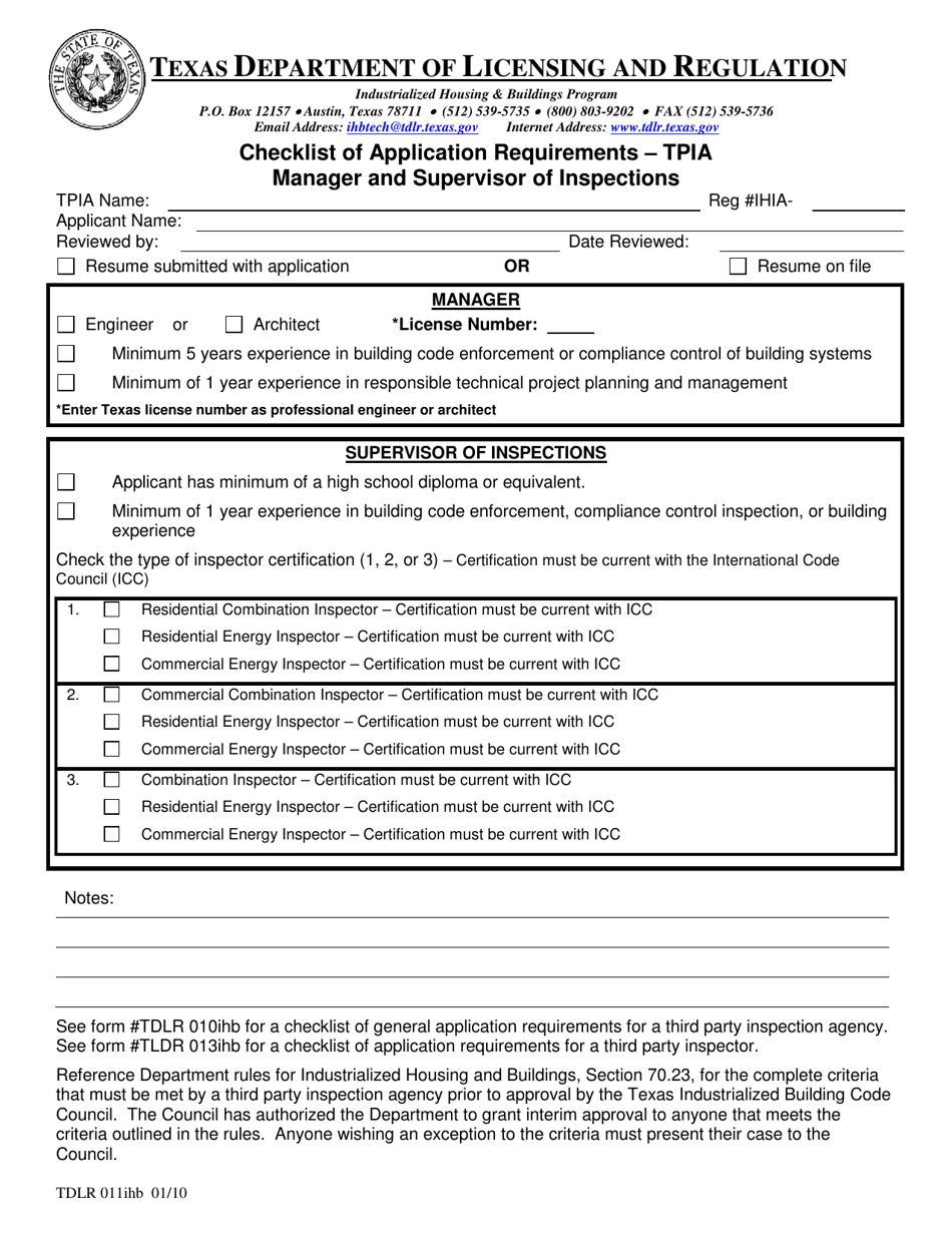 TDLR Form 011IHB Checklist of Application Requirements - Tpia Manager and Supervisor of Inspections - Texas, Page 1