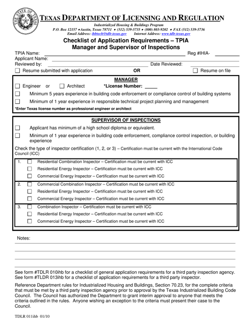 TDLR Form 011IHB Checklist of Application Requirements - Tpia Manager and Supervisor of Inspections - Texas