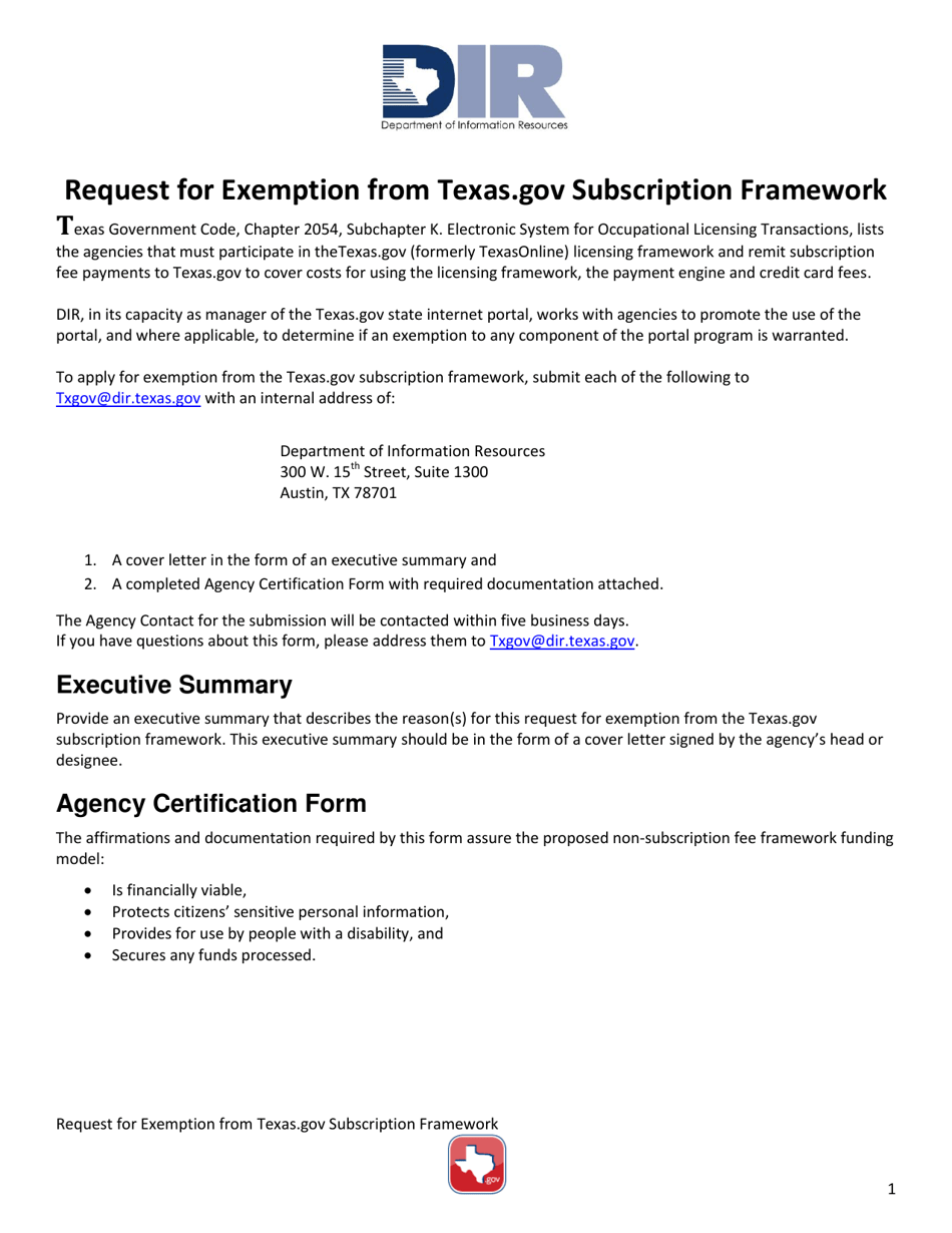 Request for Exemption From Texas.gov Subscription Framework - Texas, Page 1