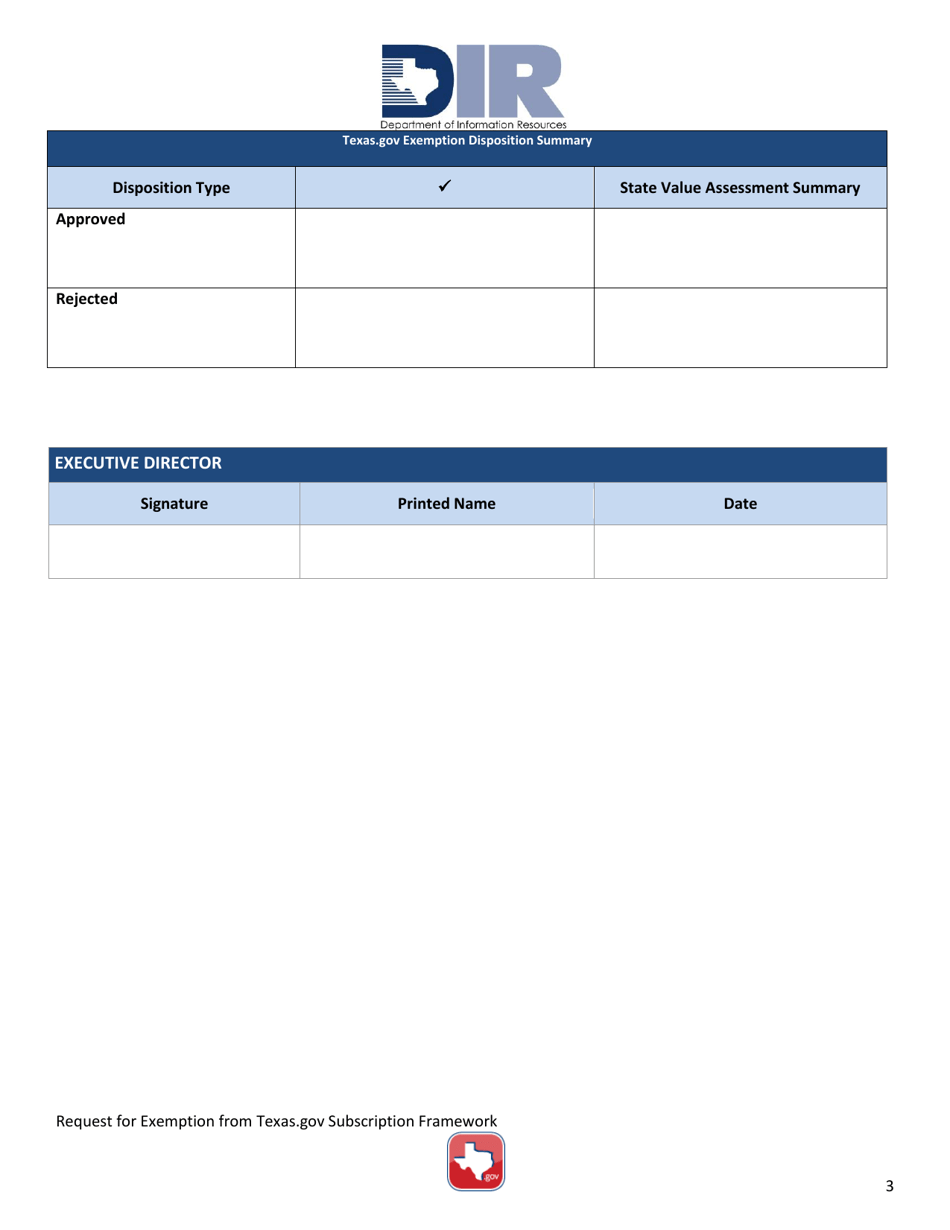 Request for Exemption From Texas.gov Subscription Framework - Texas, Page 3