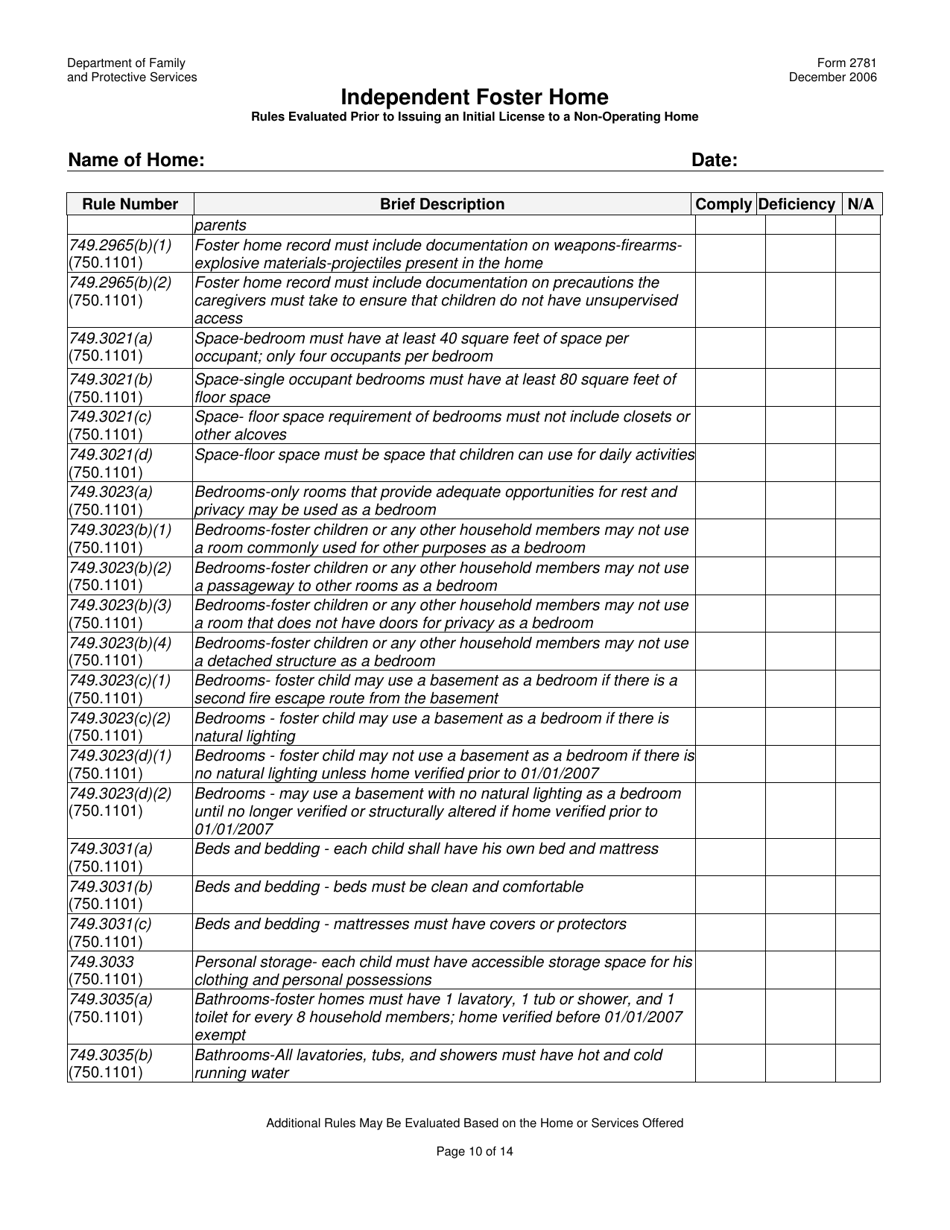 Form 2781 Independent Foster Home Rules Evaluated Prior to Issuing an Initial License to a Non-operating Home - Texas, Page 10