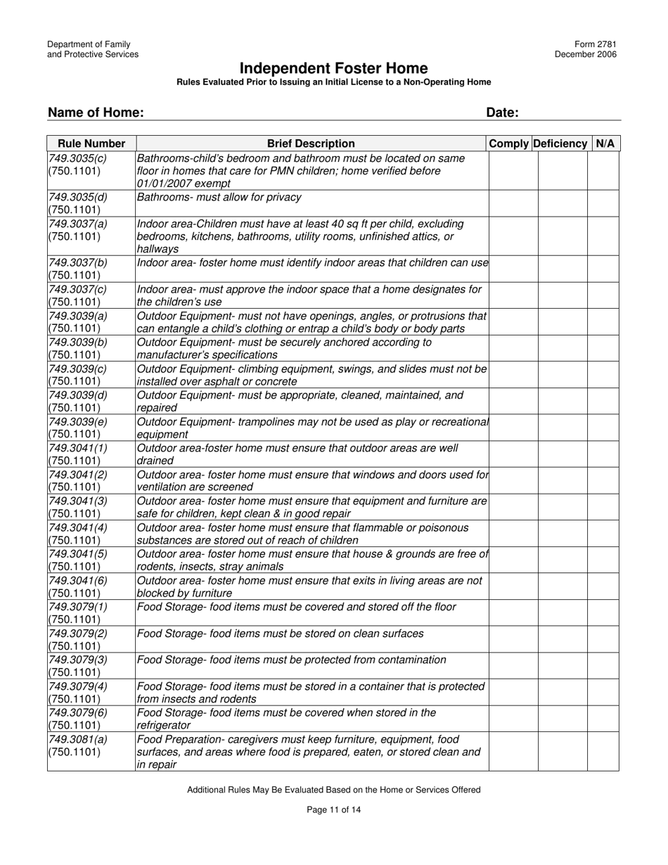 Form 2781 Independent Foster Home Rules Evaluated Prior to Issuing an Initial License to a Non-operating Home - Texas, Page 11