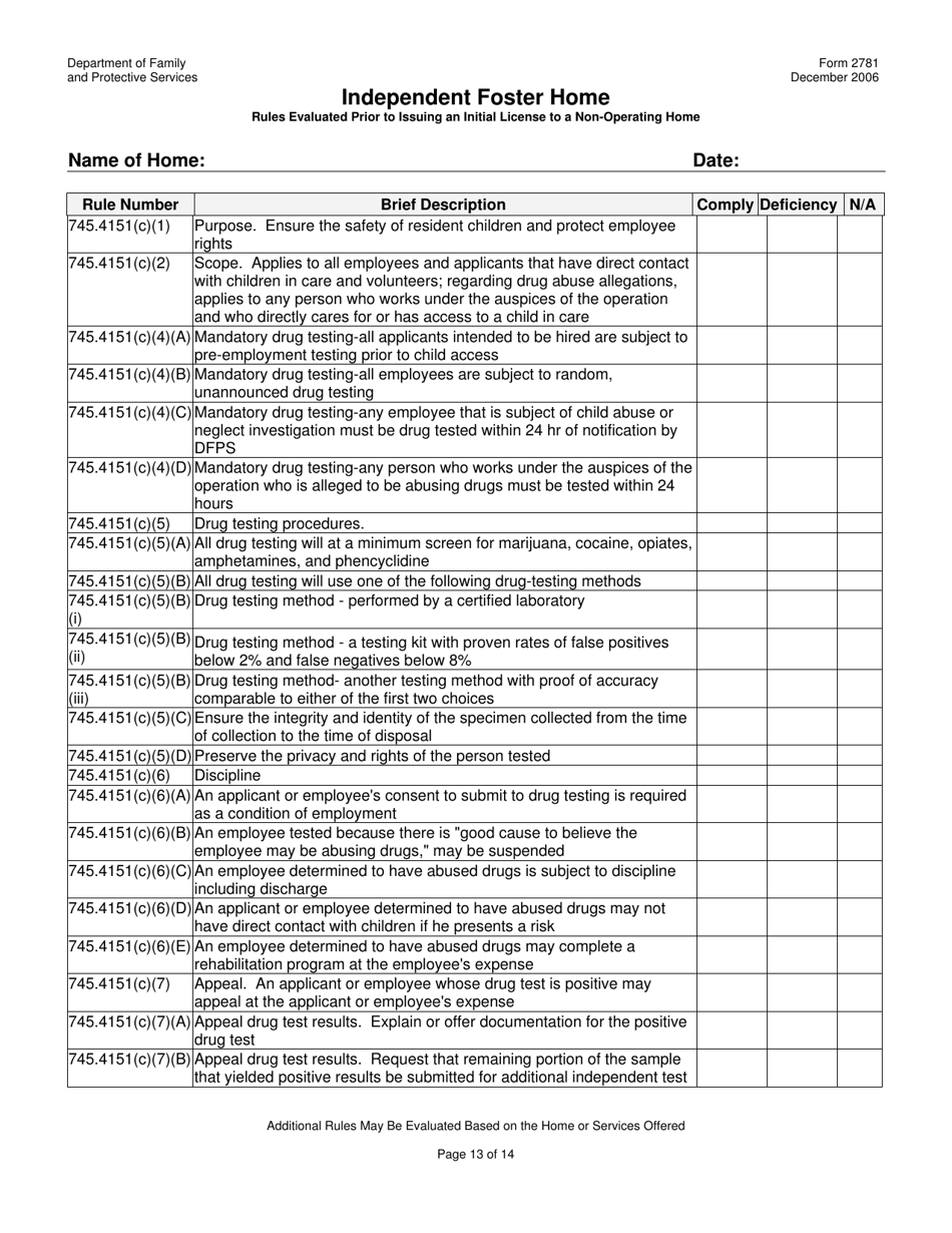 Form 2781 Independent Foster Home Rules Evaluated Prior to Issuing an Initial License to a Non-operating Home - Texas, Page 13
