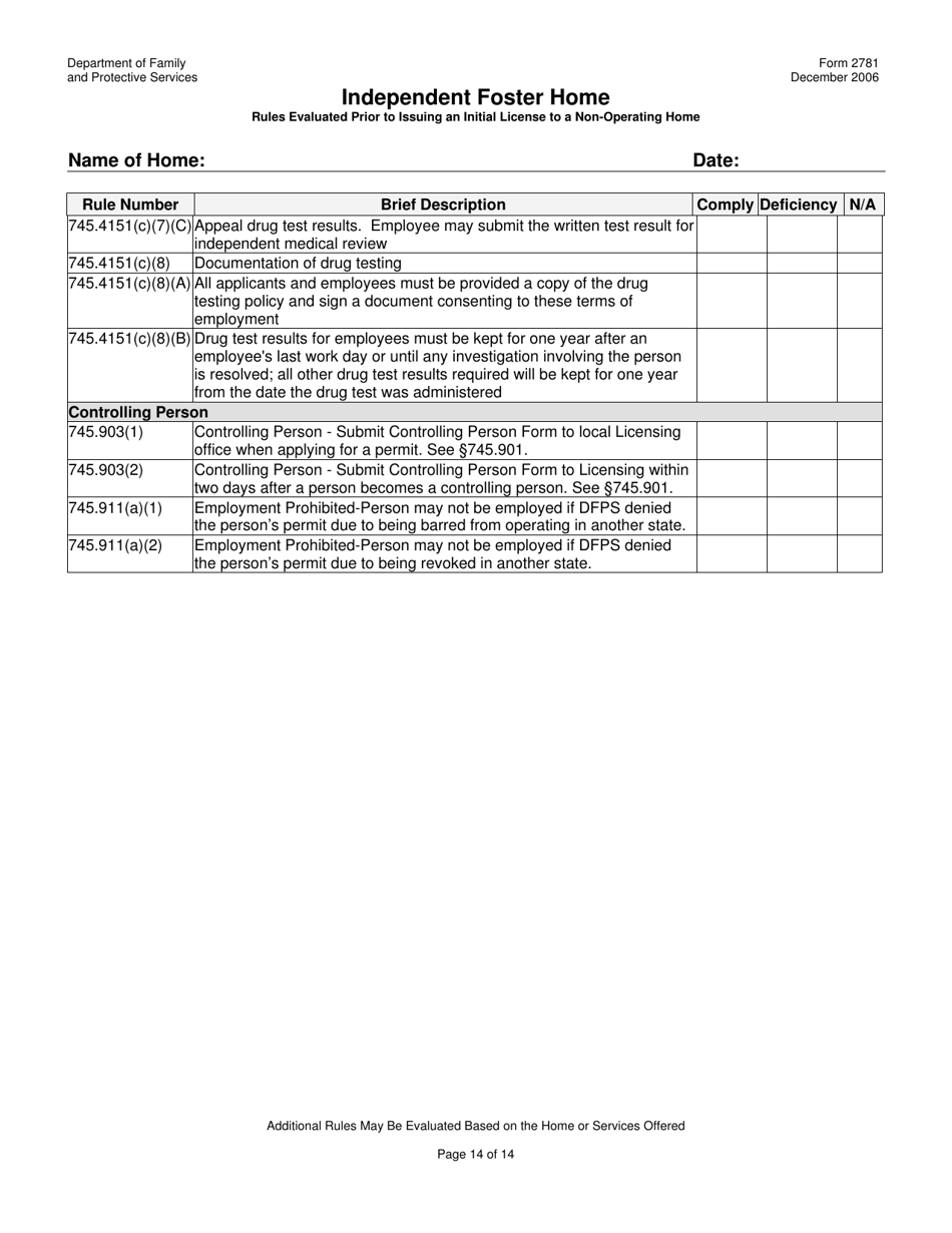 Form 2781 Independent Foster Home Rules Evaluated Prior to Issuing an Initial License to a Non-operating Home - Texas, Page 14