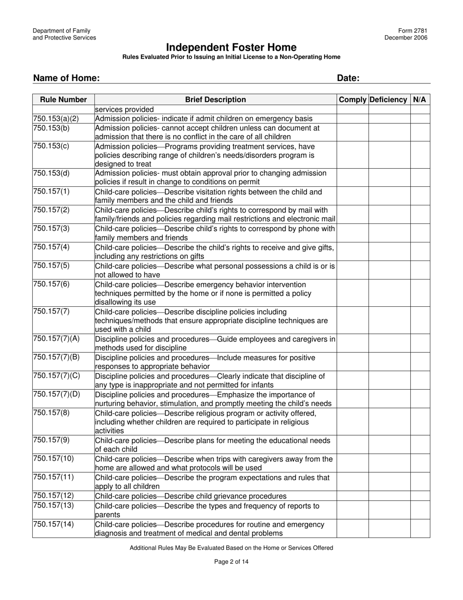 Form 2781 Independent Foster Home Rules Evaluated Prior to Issuing an Initial License to a Non-operating Home - Texas, Page 2