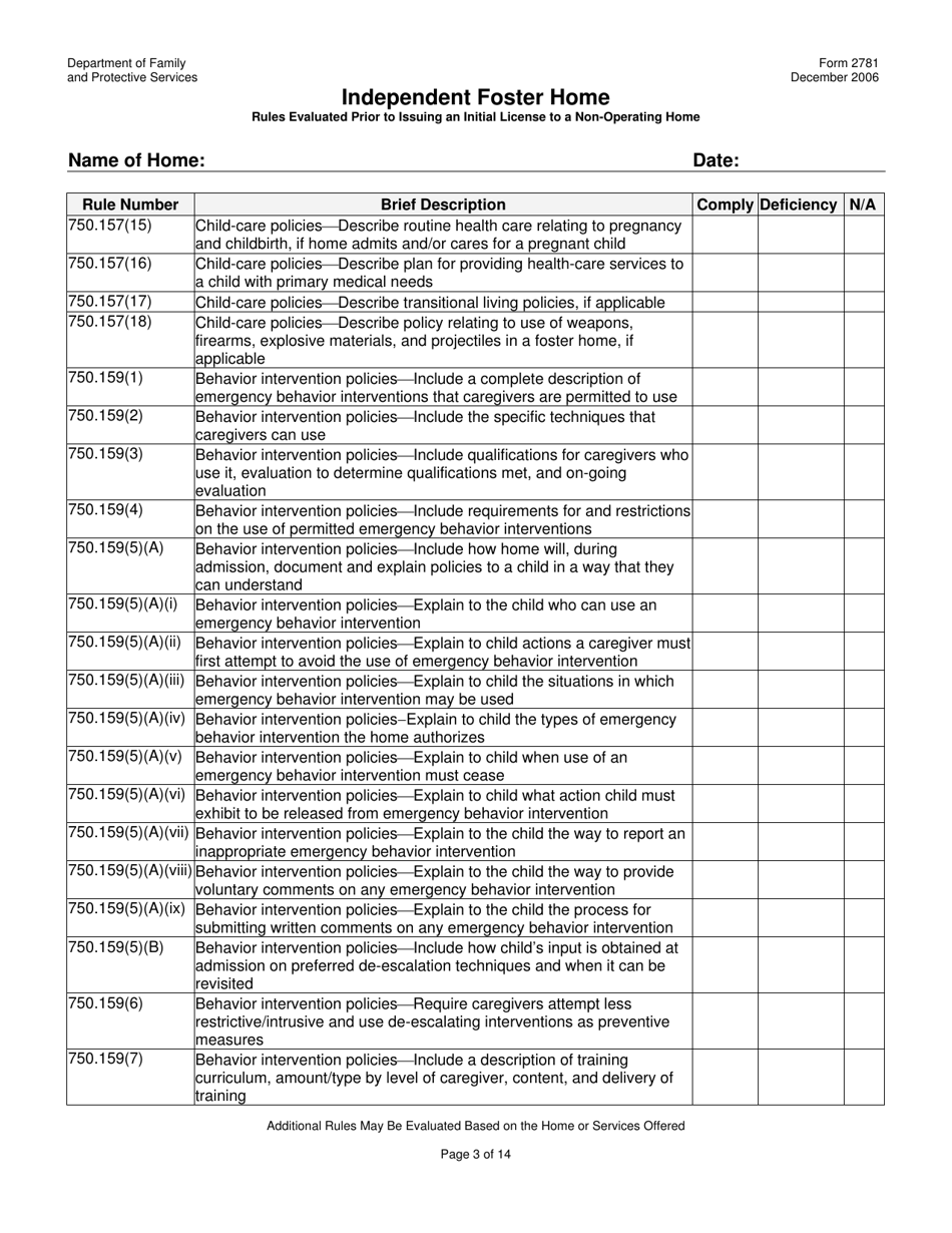 Form 2781 Independent Foster Home Rules Evaluated Prior to Issuing an Initial License to a Non-operating Home - Texas, Page 3