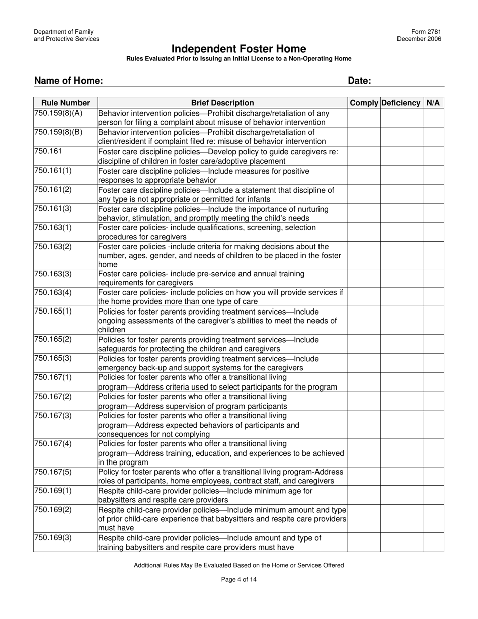 Form 2781 Independent Foster Home Rules Evaluated Prior to Issuing an Initial License to a Non-operating Home - Texas, Page 4