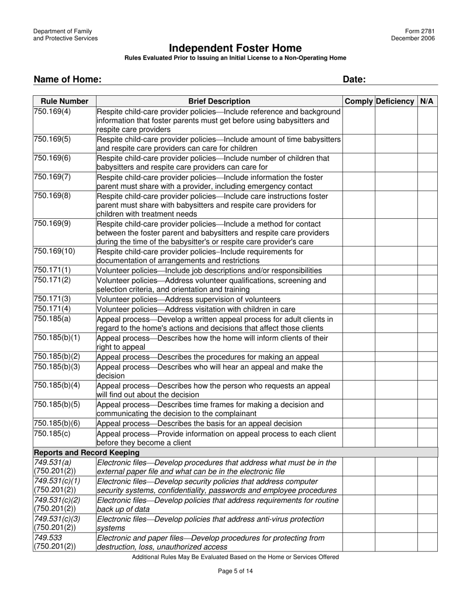 Form 2781 Independent Foster Home Rules Evaluated Prior to Issuing an Initial License to a Non-operating Home - Texas, Page 5
