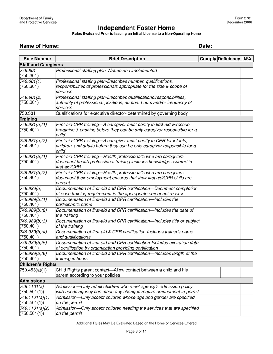 Form 2781 Independent Foster Home Rules Evaluated Prior to Issuing an Initial License to a Non-operating Home - Texas, Page 6
