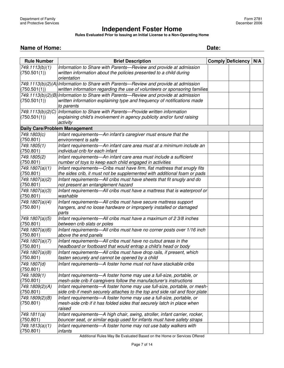 Form 2781 Independent Foster Home Rules Evaluated Prior to Issuing an Initial License to a Non-operating Home - Texas, Page 7