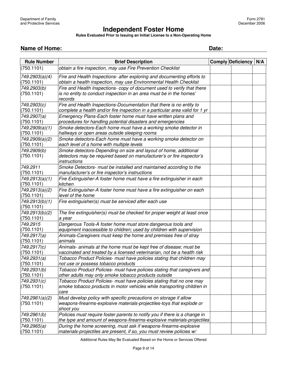 Form 2781 Independent Foster Home Rules Evaluated Prior to Issuing an Initial License to a Non-operating Home - Texas, Page 9