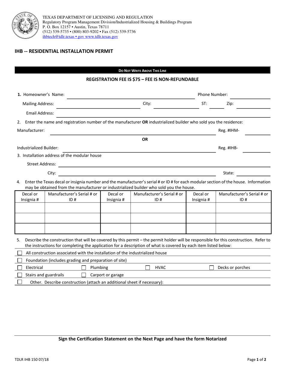TDLR Form IHB150 Ihb - Residential Installation Permit - Texas, Page 3