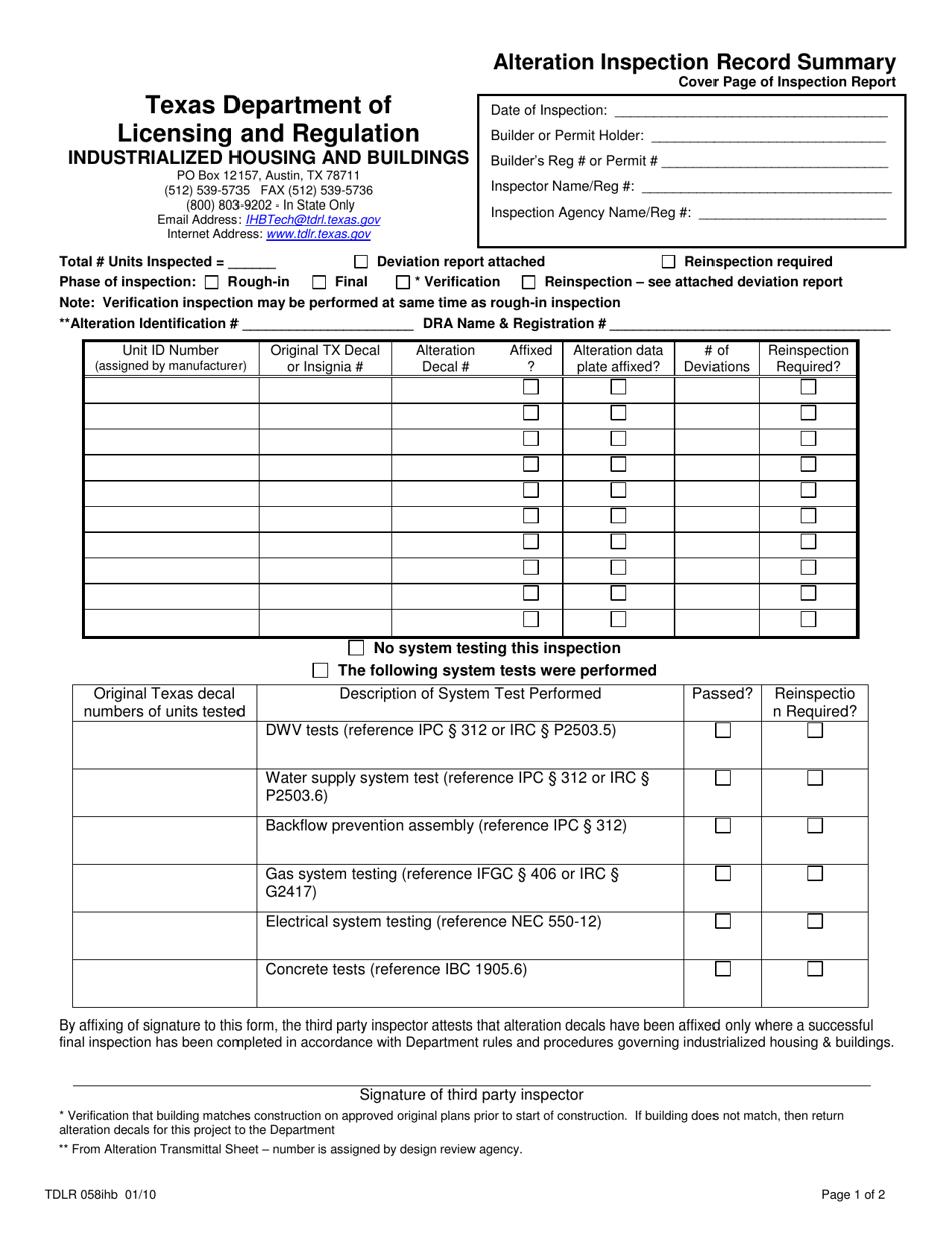 TDLR Form 058IHB Alteration Inspection Record Summary - Texas, Page 1