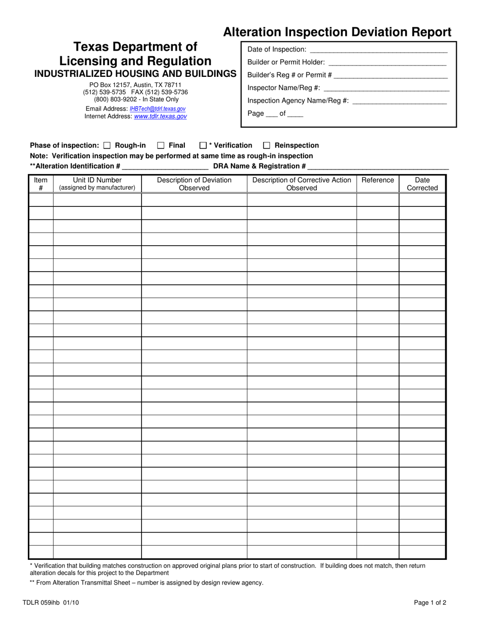 TDLR Form 059IHB Alteration Inspection Deviation Report - Texas, Page 1