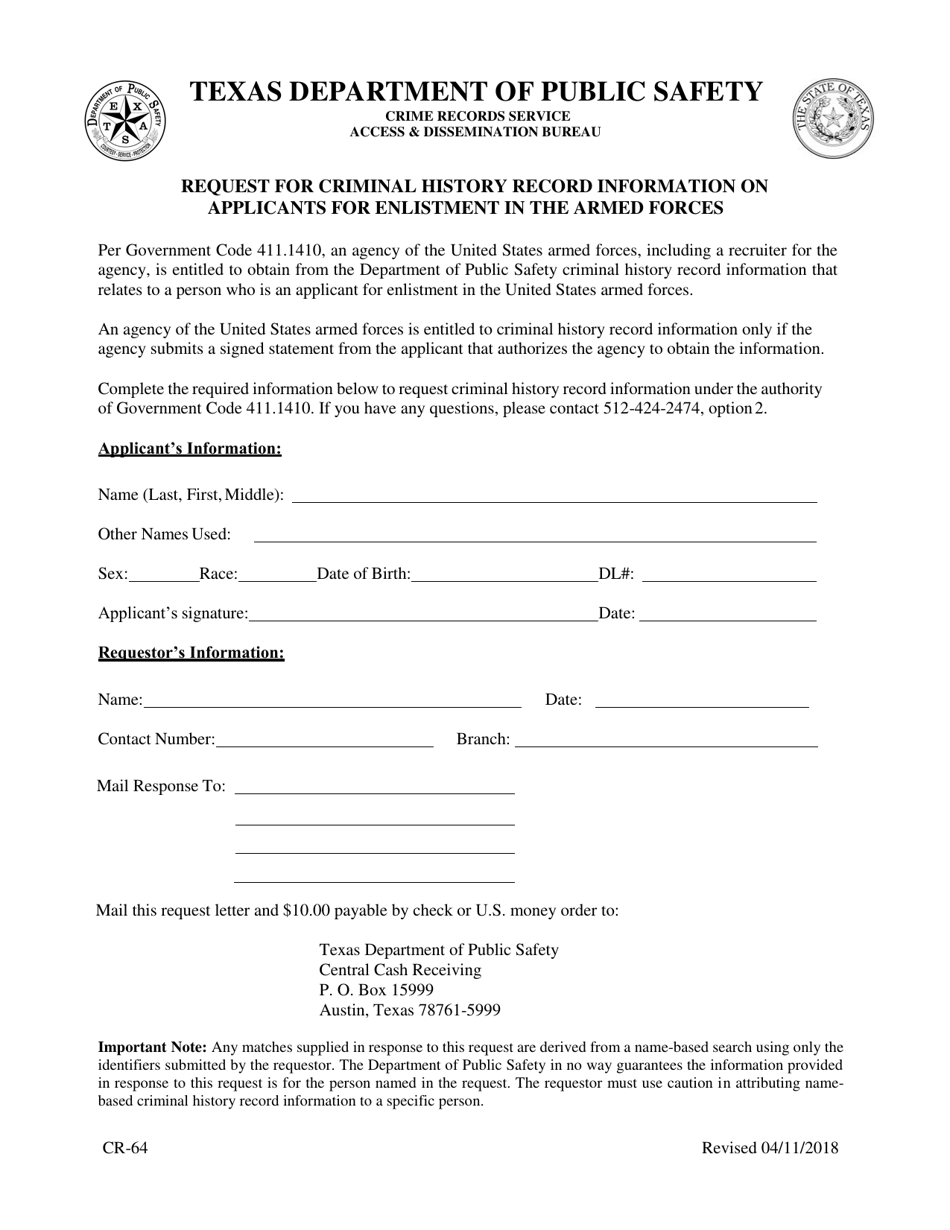 Form CR-64 Request for Criminal History Record Information on Applicants for Enlistment in the Armed Forces - Texas, Page 1