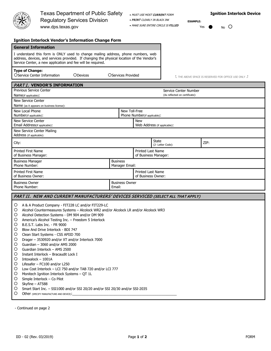 Form IID-02 Ignition Interlock Vendors Information Change Form - Texas, Page 1