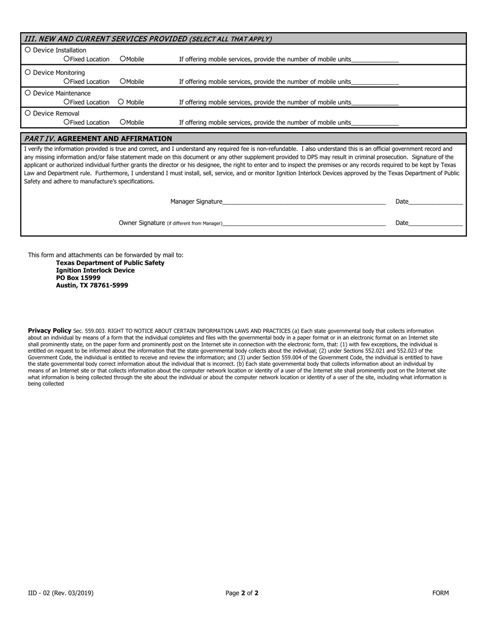 Form IID-02 Ignition Interlock Vendors Information Change Form - Texas, Page 2