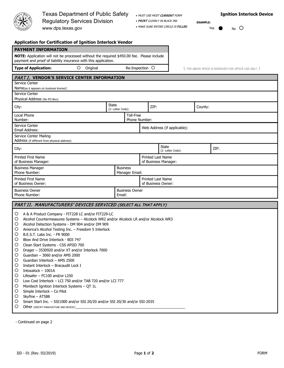 Form IID-01 Application for Certification of Ignition Intelock Vendor - Texas, Page 1