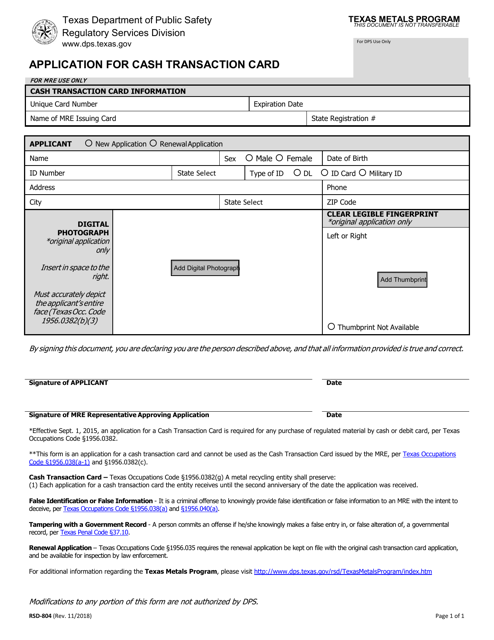 Form RSD-804 Application for Cash Transaction Card - Texas
